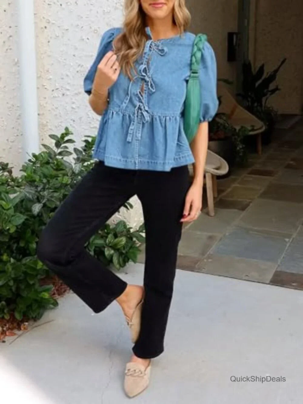 Womens Denim Tie Front Babydoll Peplum Puff Sleeve Jean Shirt Blouse